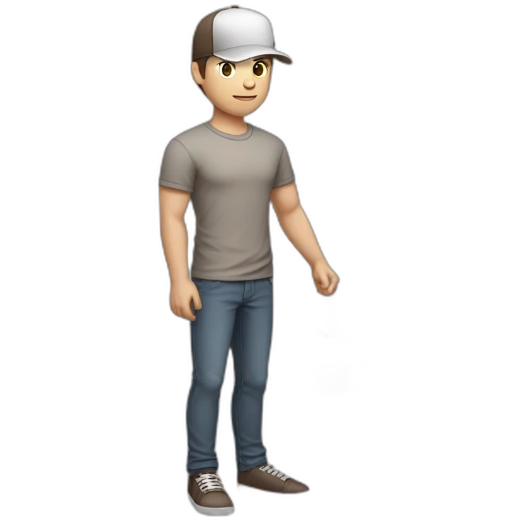 Pale skinned fit Man with dark brown hair in a light gray cap, dark brown jeans, brown polo and white T-shirt keeping a pasted with tape white box into his hands emoji