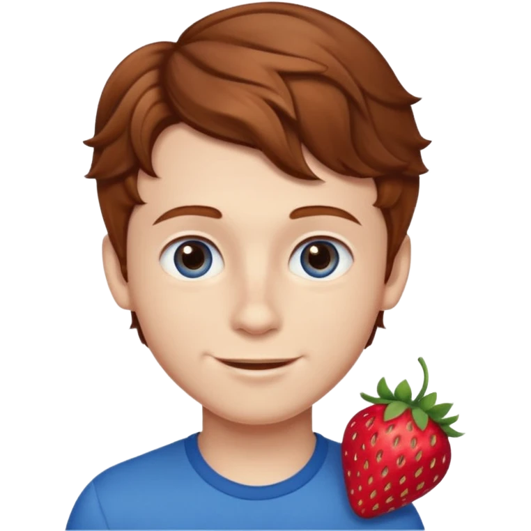Please generate a portrait of a boy. He has wavy, light brown to reddish-brown hair, a right side parting, slightly longer sideburns, blue eyes, a snub nose, and a rather pronounced, strawberry-red pout. He is smiling. emoji