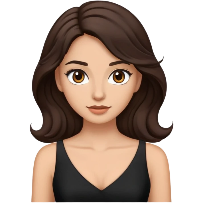 mujer ondulada cabello castaño oscuro ojos café medio pestañas y un vestido negro emoji