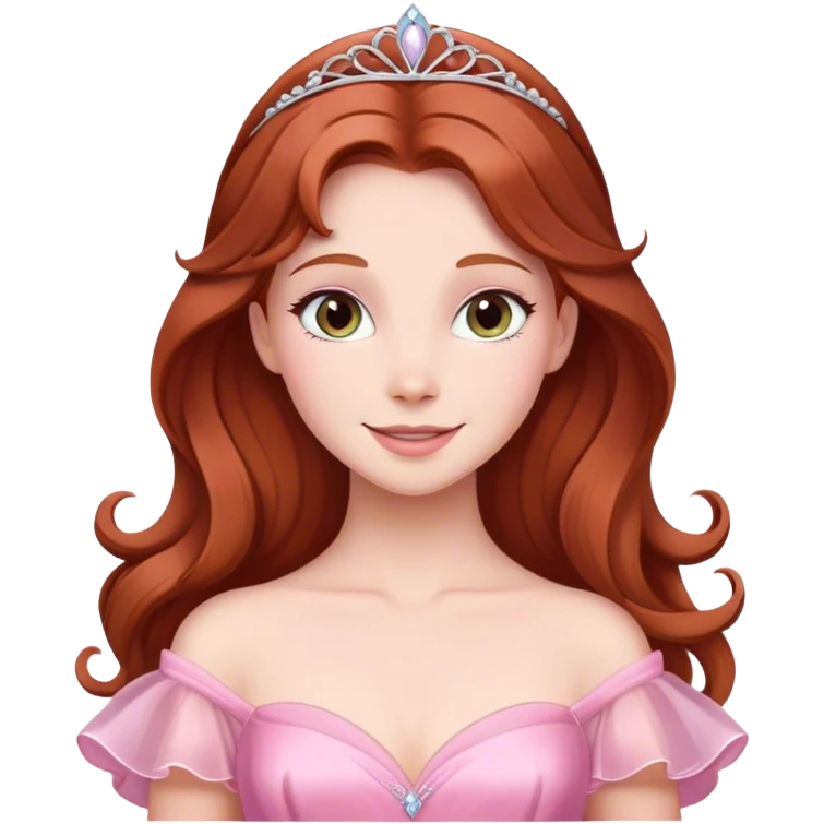 Cinematic Radiant Sleeping Beauty Portrait Emoji, rendered in a realistic, vector style with clean proportions. Show Aurora with a gentle smile, porcelain skin, and beautifully styled auburn hair, wearing her classic pink gown. The image glows with a soft, inviting radiance and high shine, accentuated by a soft glowing outline that enhances her graceful charm. emoji