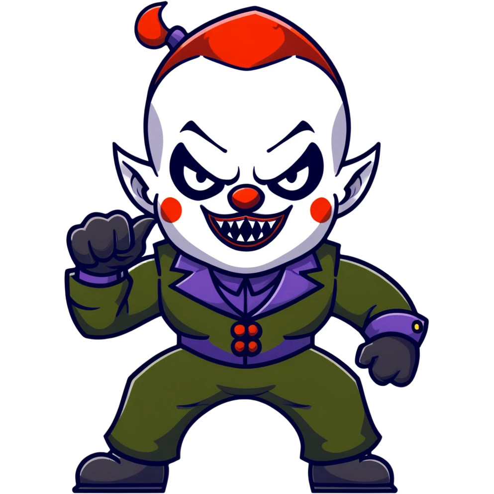 evil clown warrior, bald, short black devil-like horns on forehead, fangs, pointed ears, black and military green leisure suit with bellbottom pants, realistically proportioned, less bulky, full body visible, battle-ready fighting posture emoji