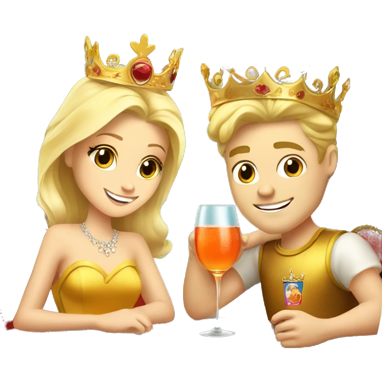 beautiful blond princess with crown in a golden dress and a beautiful blond prince drinking aperol emoji
