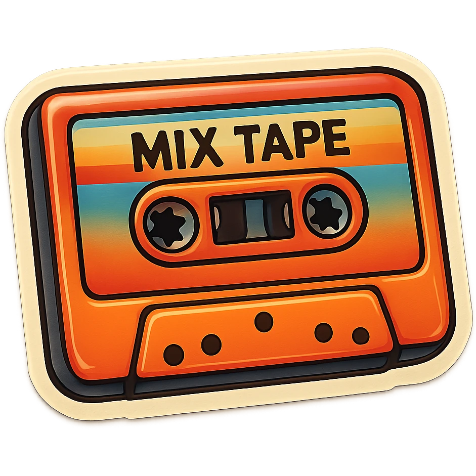 a vintage cassette tape with a colorful label, retro sticker style emoji