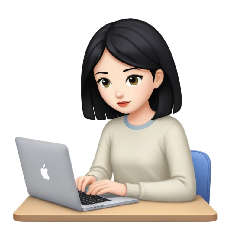 a girl with black hair sitting and watching the macbook emoji