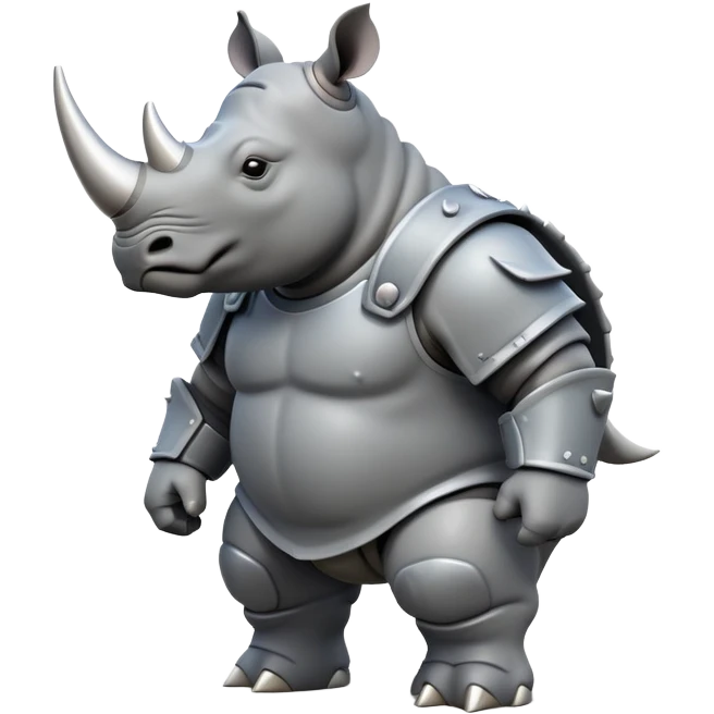 cinematic-rhino-full-body-standing-emoji,slate grey skin -massive-armored-body-poised-powerfully,-thick-horn-curving-slightly-forward,-head-tilted-dramatically,-rough-grey-hide-covered-in-dust,-simplified-focused-features emoji