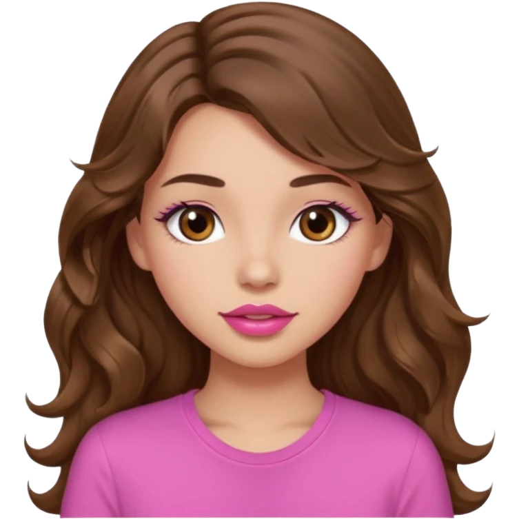 girl with long wavy brown hair, brown eyes, light to medium complexion, in a pink shirt, pink lips, long lashes,kissing emoji