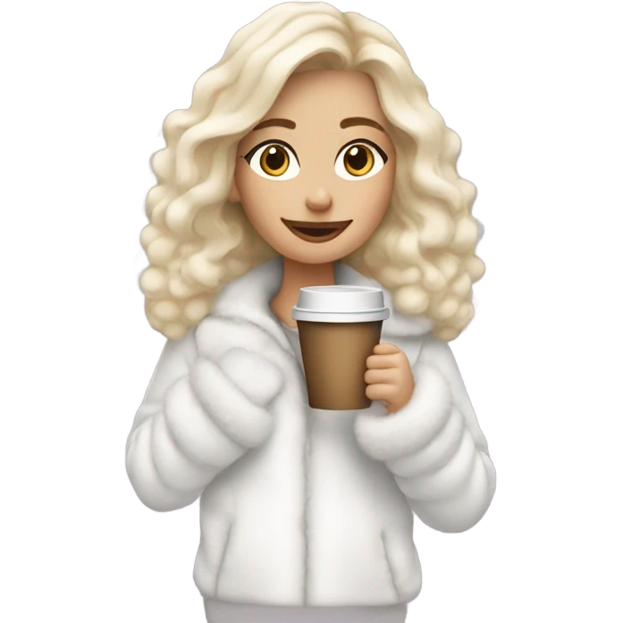 blonde girl wearing white fluffy jacket and a coffee to go in hand all dress white emoji