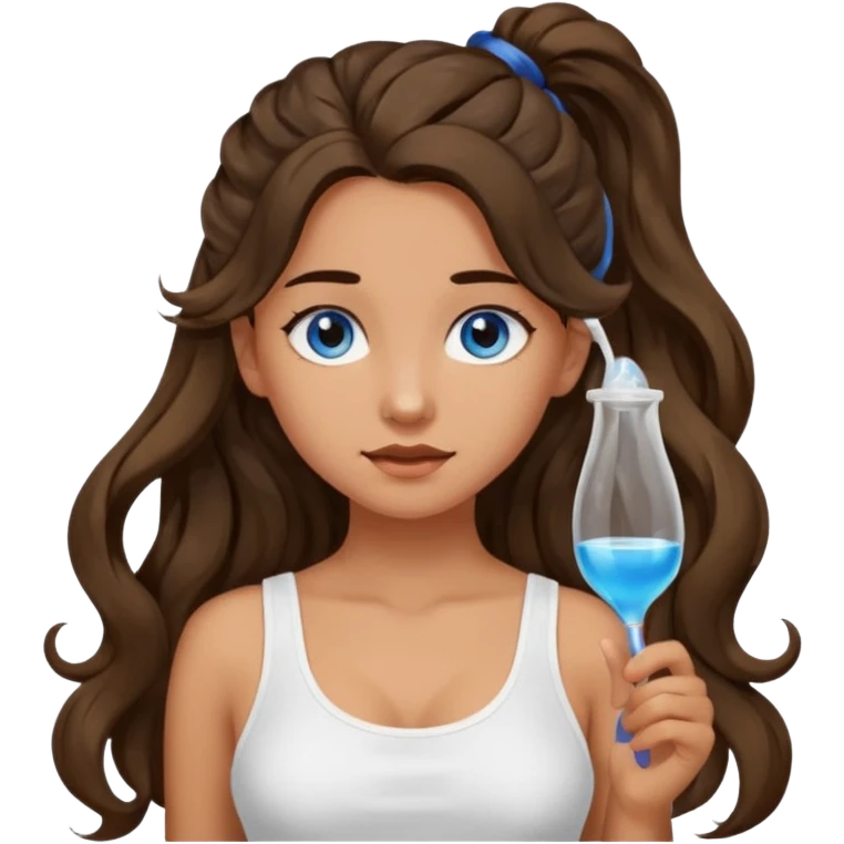 Girl with olive skin, blue eyes, brown dark insanely wavy long hair, white camisole, putting hair in a pony tail emoji