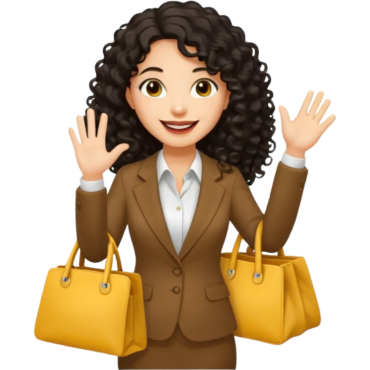 medium deep tan brown business woman with long black curly hair, waving hand with happy face with smile mouth and carrying bag on her shoulder and the other hand holding yellow tumblr emoji