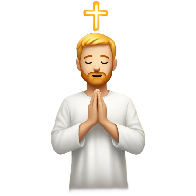 man with orange beard, short blond hair as he praying, with a holy shine behind him emoji
