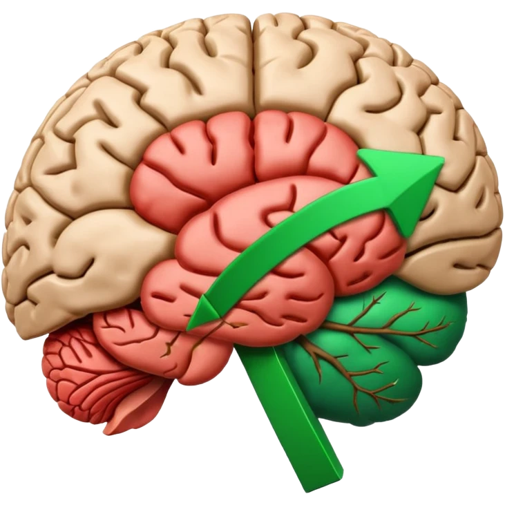 real human brain with rising green arrow graph inside emoji
