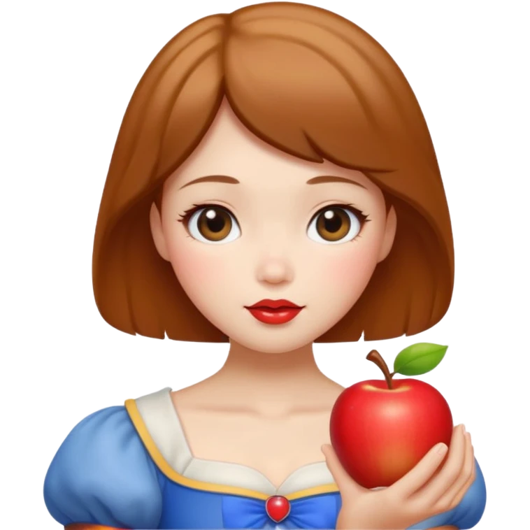 Create an emoji of Snow White holding a red apple, with short golden-brown hair Please create it in a super cute Japanese kawaii emoji style. emoji