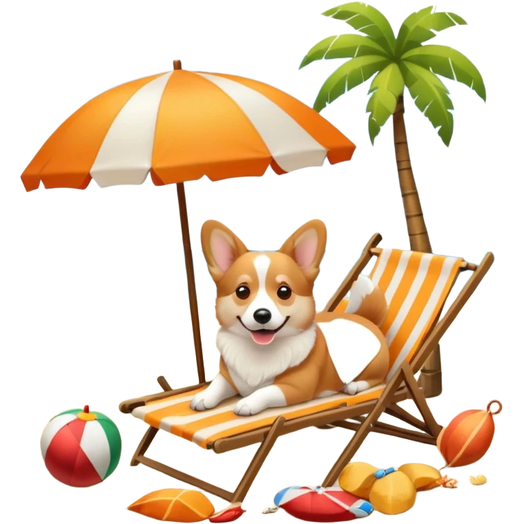 a corgi dog laied on a beach chair, a sunny beach, a sun umbrella, and beach coconut trees. the icon should capture the essence of a relaxing beach vacation with a carefree atmosphere emoji