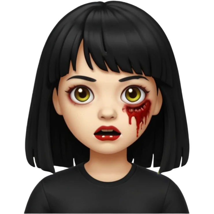 A zombie girl in Apple Memoji format with HUGE, straight black hair with bangs, wearing a black shirt. emoji