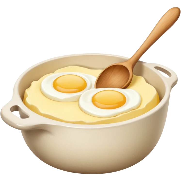 A carton of eggs, butter and a cream ceramic baking bowl with a wooden spoon in it emoji