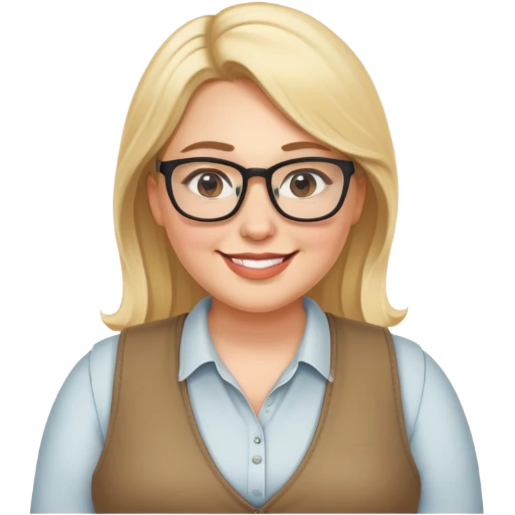 Plus size blonde woman wearing glasses and a vest, friendly smile emoji