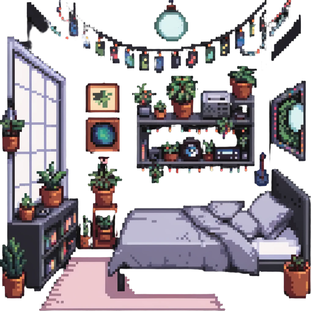indie bedroom with fairy lights, plants and vinyl records emoji