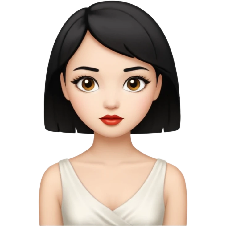 a short black hair girl with elegant white dress, wearing makeup emoji