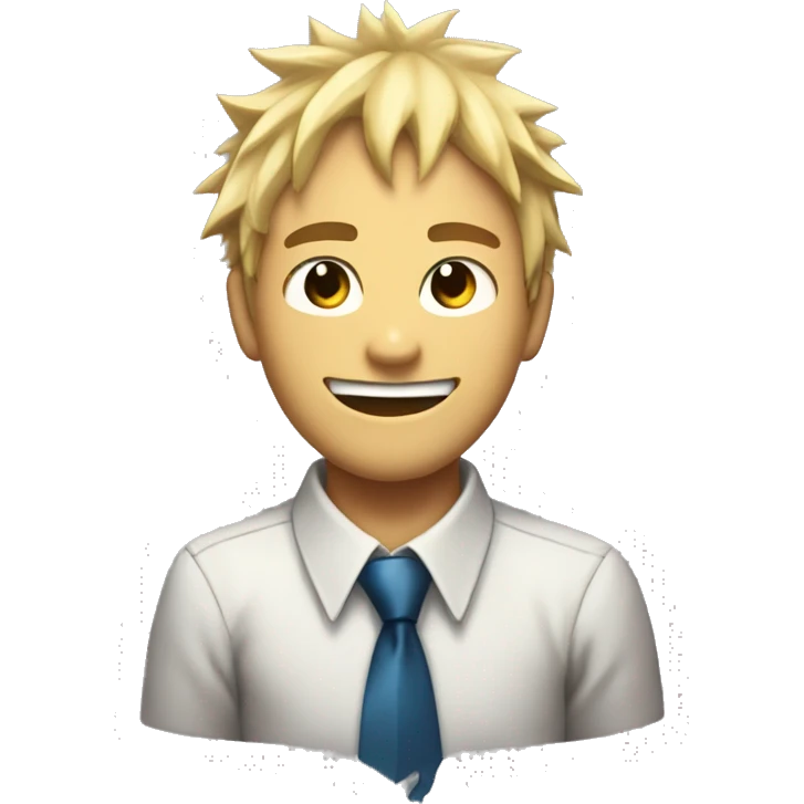 Denji with his blond hair in a shaggy style, brown eyes, with his shark teeth, is smiling evil and with a shirt with a tie from chainsawman emoji