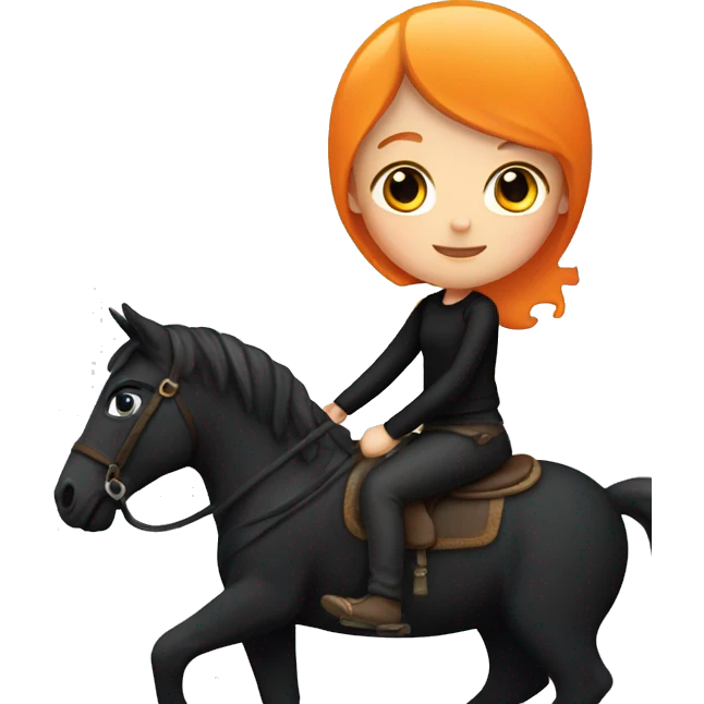 A pale little girl with orange pants on and a black shirt riding a black horse  emoji