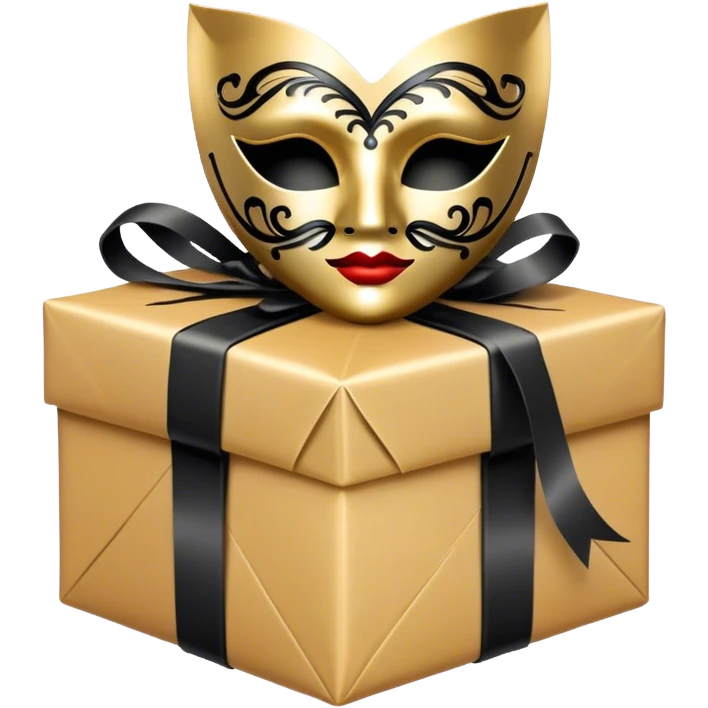 Gift wrapped with black rope and Tiny venetian mask emoji