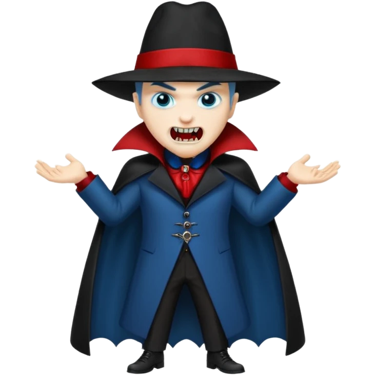 Vampire with blue hat ,black coat with read collared ,teeth looks like vampire with aggression on face and a full body. emoji