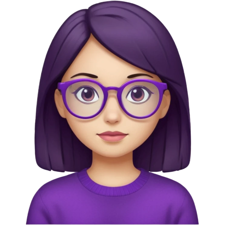portrait of white girl with dark hair wearing purple sweater and purple glasses emoji