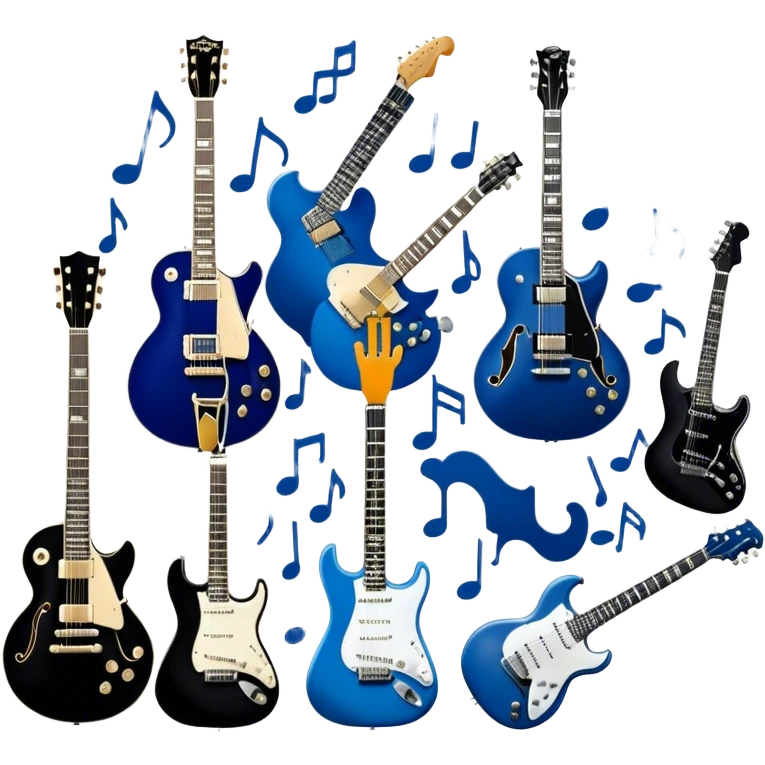 Icon for Blues Music: close-up collage of legendary blues artists. Gary Moore, Eric Clapton, B.B. King and Joe Cocker. Represented by silhouettes or symbolic items like guitars, microphones, or music notes, reflecting the soulful energy of blues music. Transparent background. emoji