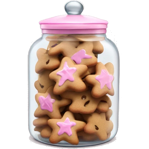 Realistic glass cookie jar with light pink lid full of gingerbread cookies isolated.  emoji