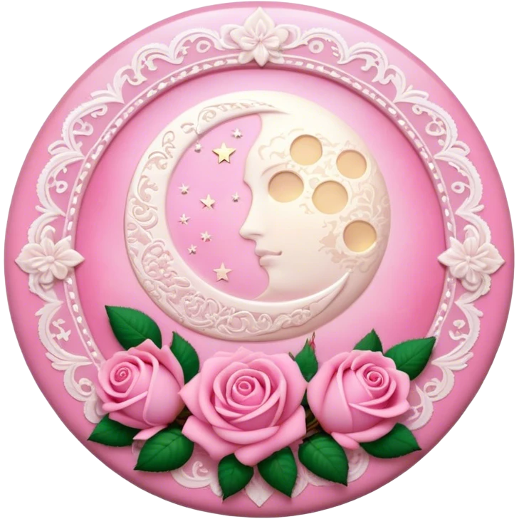A round pink button with light cream damask lace, a full moon and stars and pink roses emoji