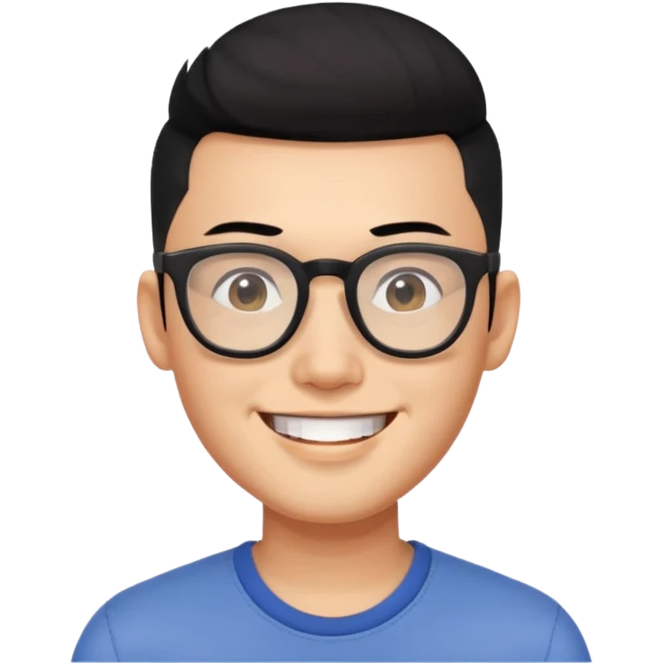 modern Asian man with black hair undercut, shaved sides, square glasses, big smile, youthful vibe emoji