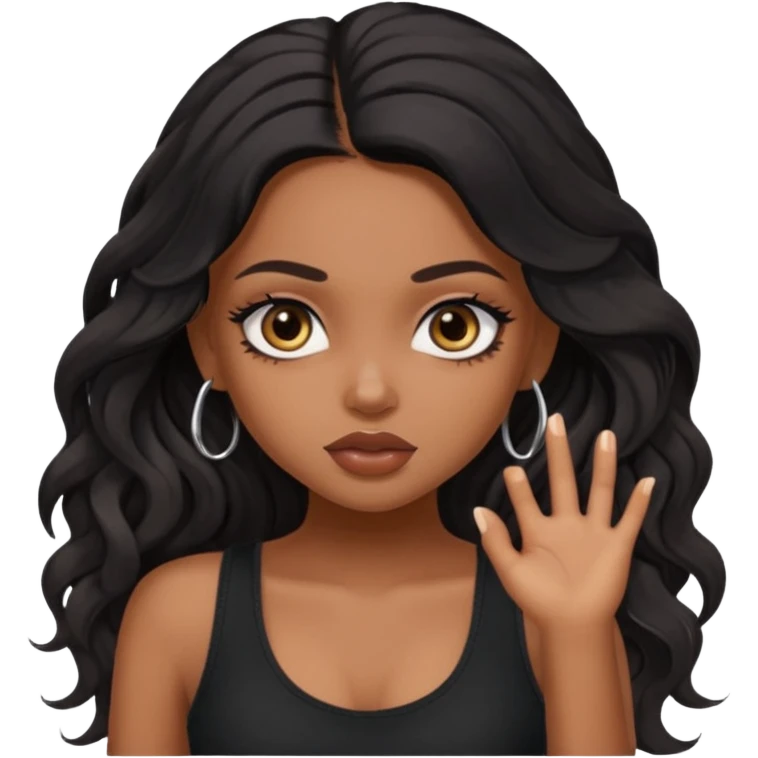 a pretty bratz dusky girl with long wavy black hair, kajal under eyes, black full sleeve tank top emoji