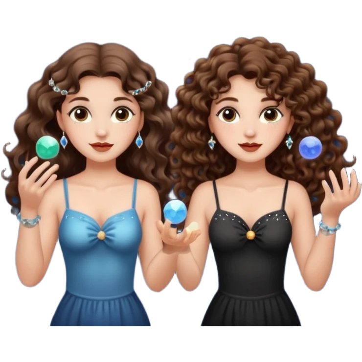 moon juggling — long wavy brown hair tattooed woman and short tight curly brown hair woman — tiny moons and crystals emoji