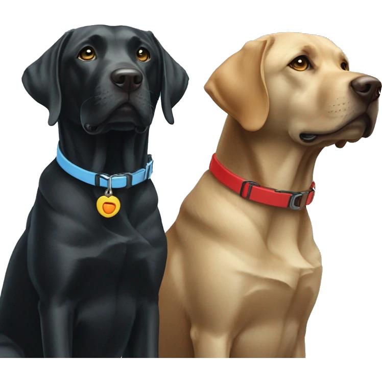 black-coloured labrador on the left with red collar, black-coloured labrador on the right with light blue collar. emoji