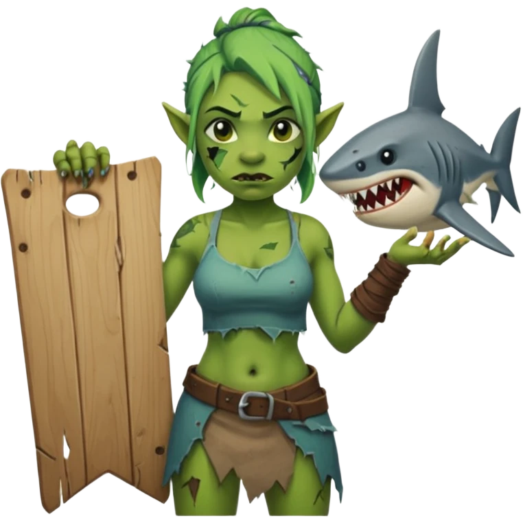 orc female holds a board with a shark painted vertically in his hands emoji