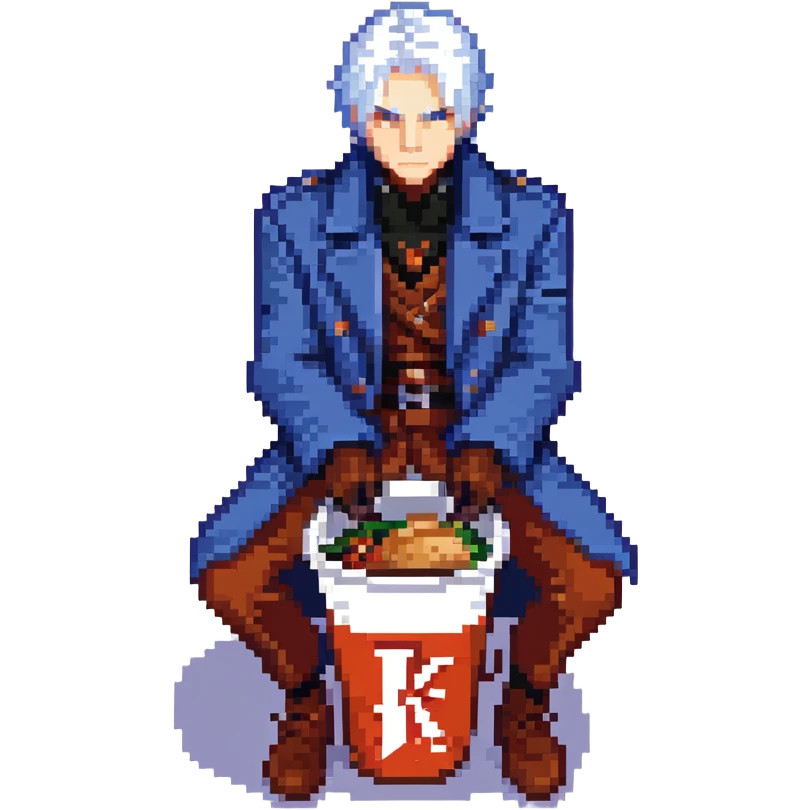 Vergil from Devil May Cry sitting in a KFC bucket, blue coat, white hair, katana emoji