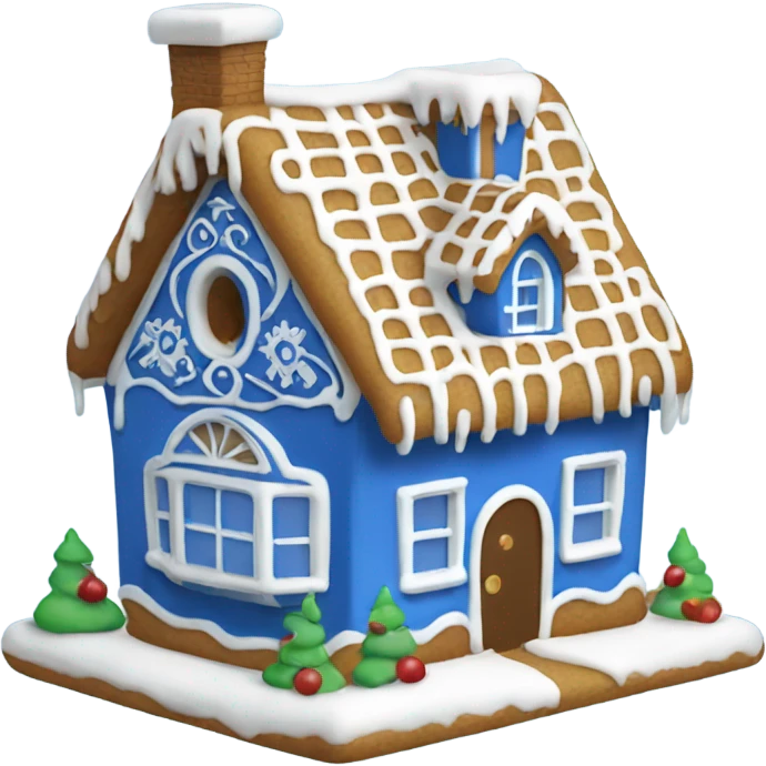 A blue and white gingerbread house emoji