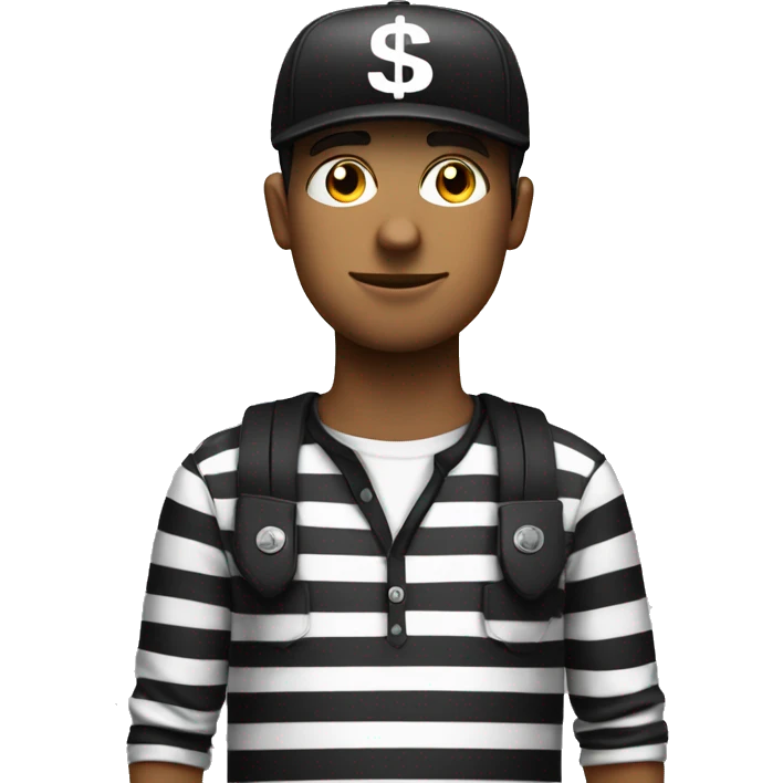 A man with striped black and white shirt a black cap and a black eye tag with a cash bag emoji