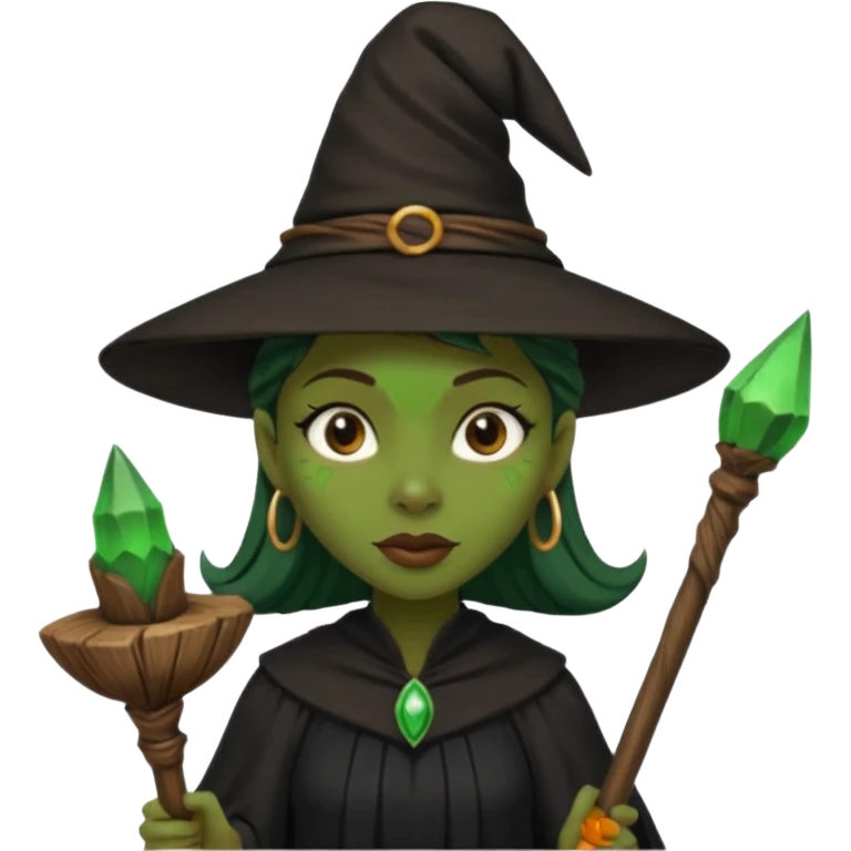 ведьма-африканка с зеленой кожей с широким носом просто в черном платье и черной ведьминской шляпе с посохом по талию emoji