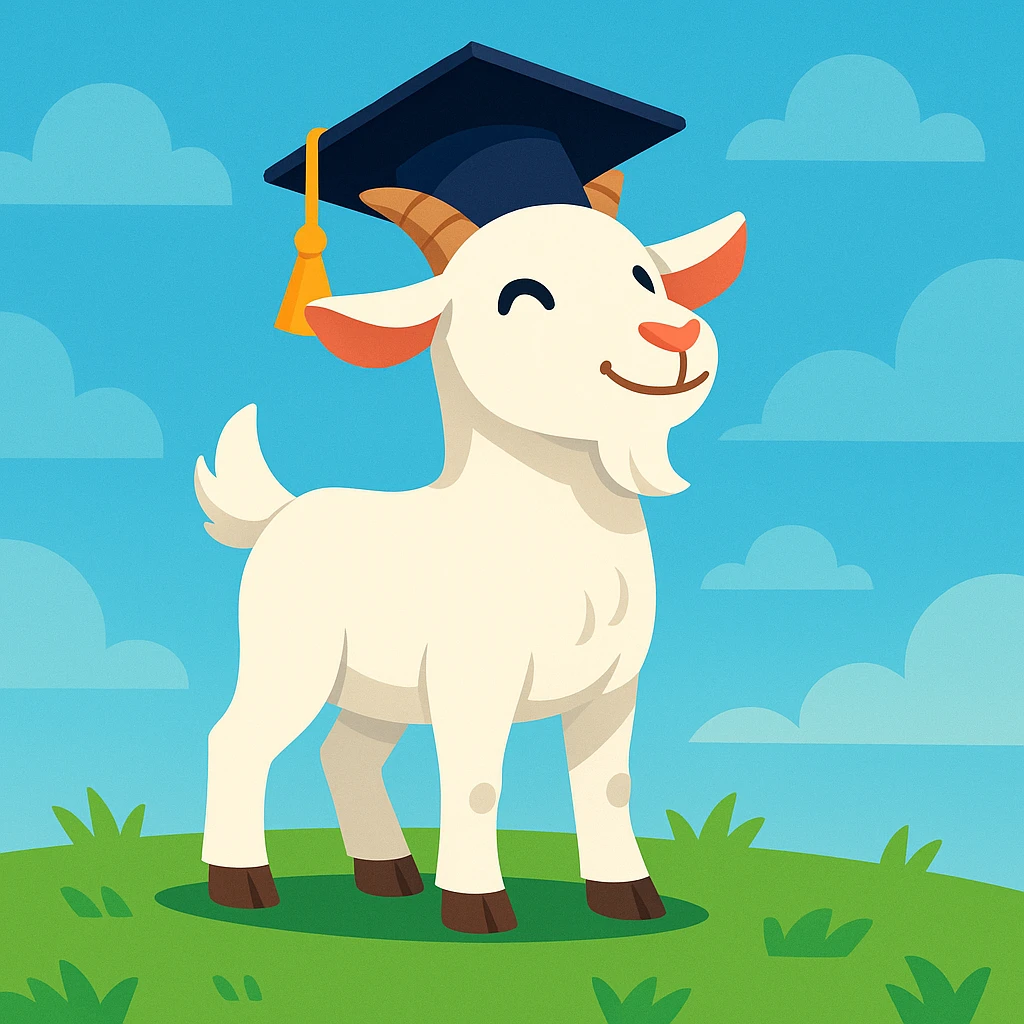 cute white goat standing on green grass, wearing a black graduation cap, bright daylight, soft blue sky background, proud and confident expression, cartoon style emoji