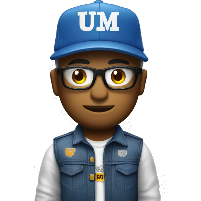 Um boneco com um boné azul escrito mega diesel e uma camisa escrita mega diesel emoji