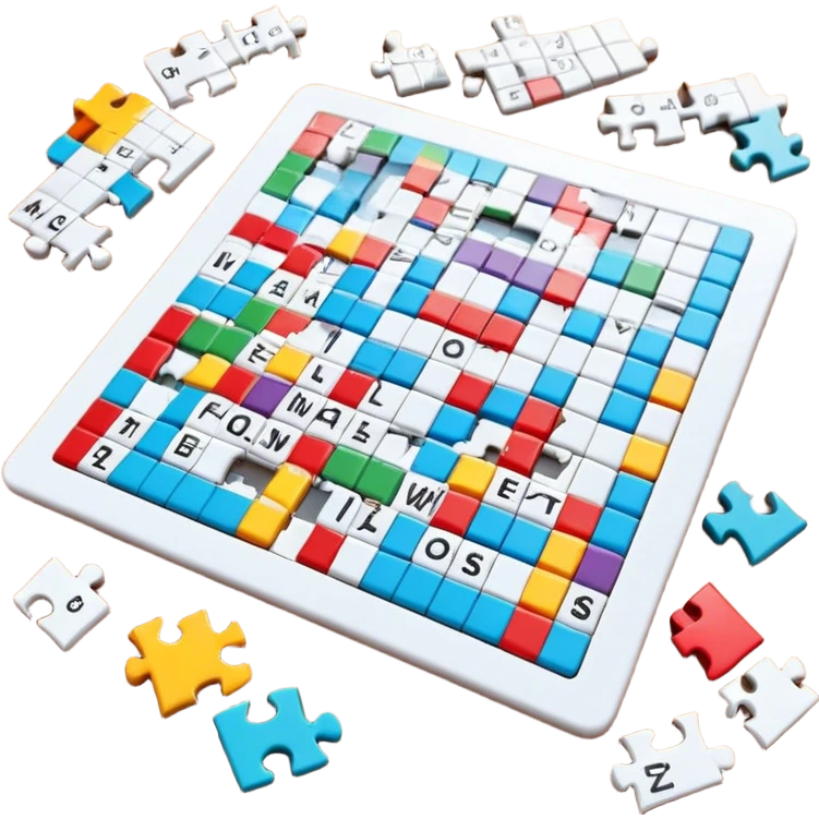 A photorealistic icon with a crossword magazine, a 3D puzzle and a partially completed puzzle on a table. Bright, detailed design with realistic lighting. Transparent background, clearly symbolizing puzzles and brain games. emoji