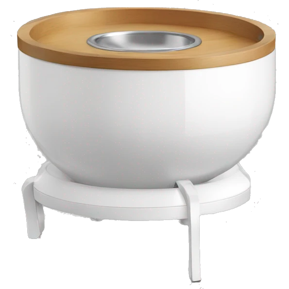 A modern, white manual pet feeder with wooden legs, a metal bowl at the bottom, a transparent front window, and a top lever for dispensing food. emoji