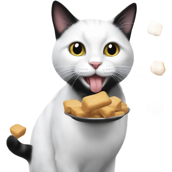 Black and white cat eating treats emoji