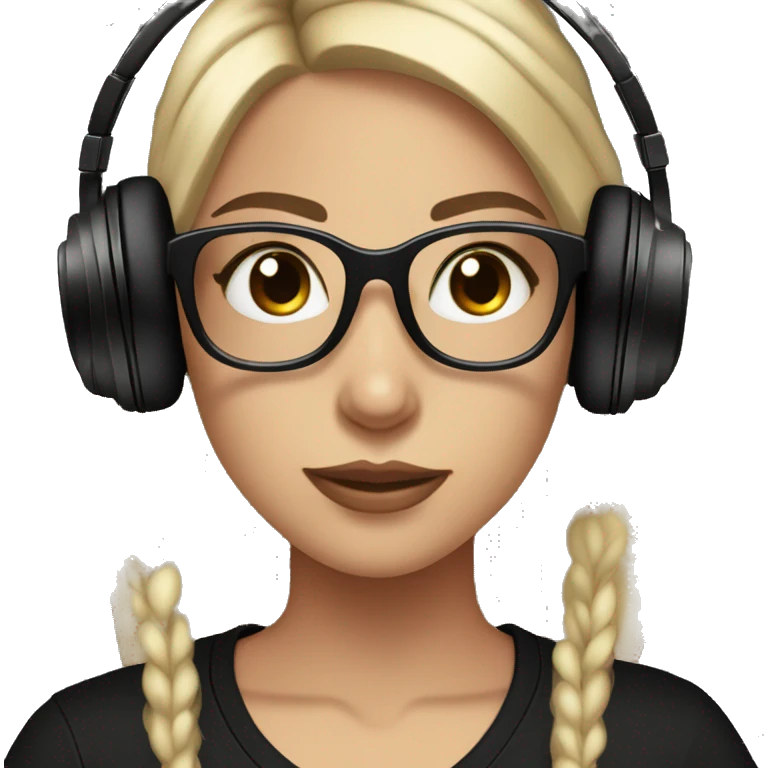 Fair skinned girl with brown eyes and long straight black hair with a black t shirt with glasses on with headphones on mixing on a dj mixer emoji