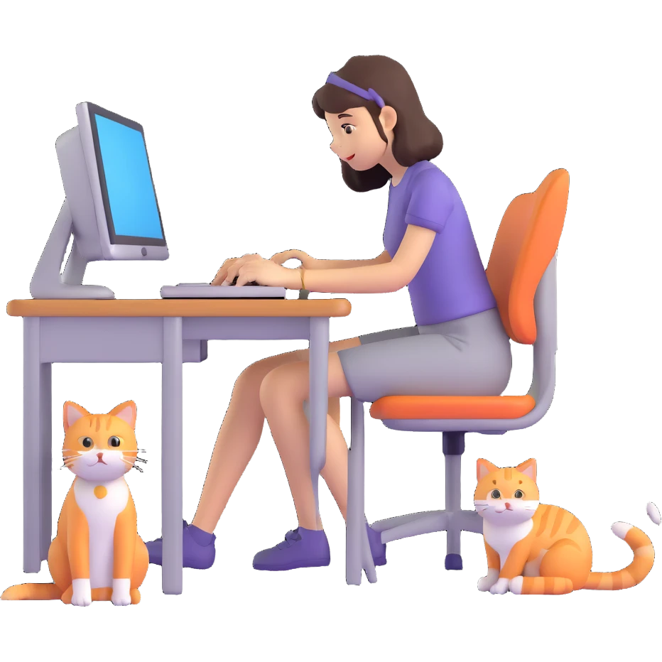 a girl at a desk with a computer with a cat lying beside the computer emoji