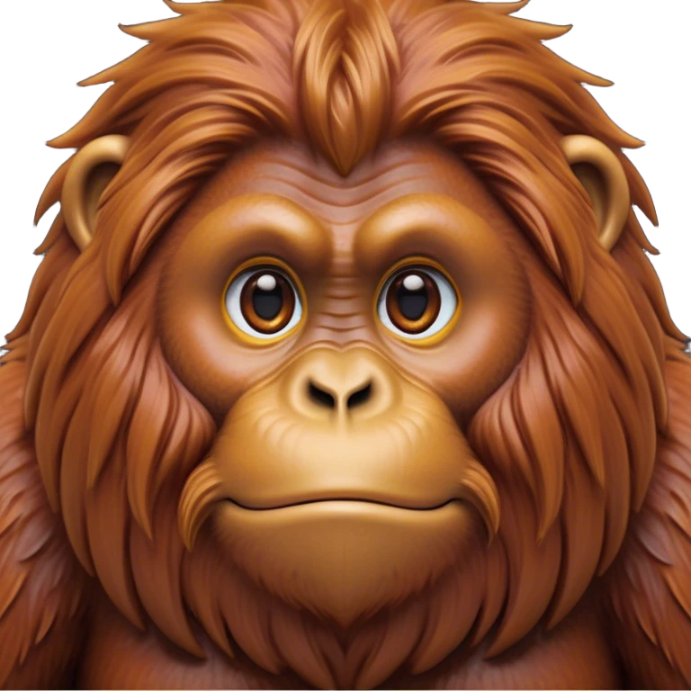 Cinematic Noble Orangutan Portrait Emoji, Poised and regal, with a robust, thoughtful build and deep, soulful eyes framed by rich, textured fur, Simplified yet sharp and sophisticated features, highly detailed, glowing with a soft, earthy glow, high shine, intelligent and contemplative, stylized with an air of ancient wisdom, focused and commanding, soft glowing outline, capturing the essence of a watchful and confident guardian that appears ready to step out of the screen with timeless authority! emoji