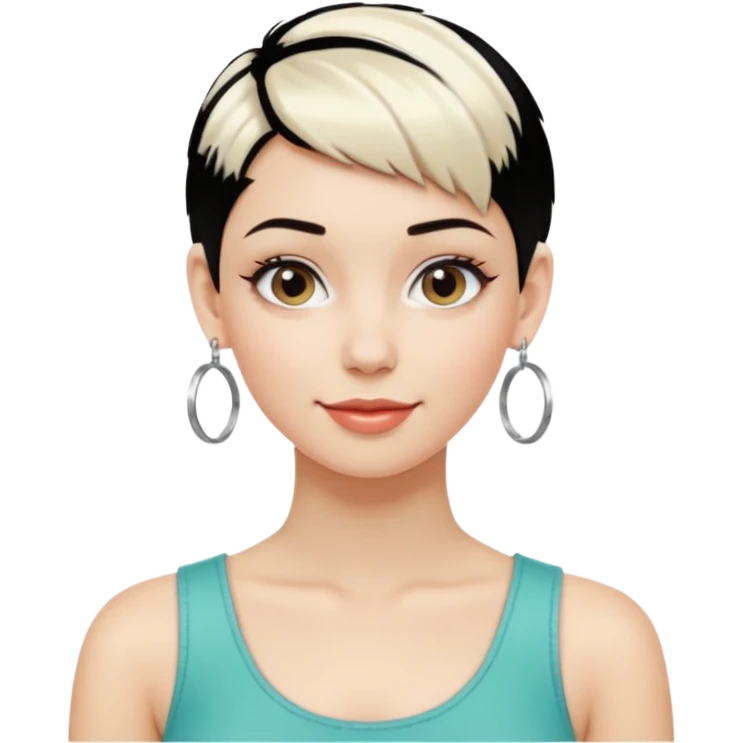 emoji of a young fashionable woman, short platinum blonde hair, wearing hoop earrings and a stylish top, cheerful look emoji