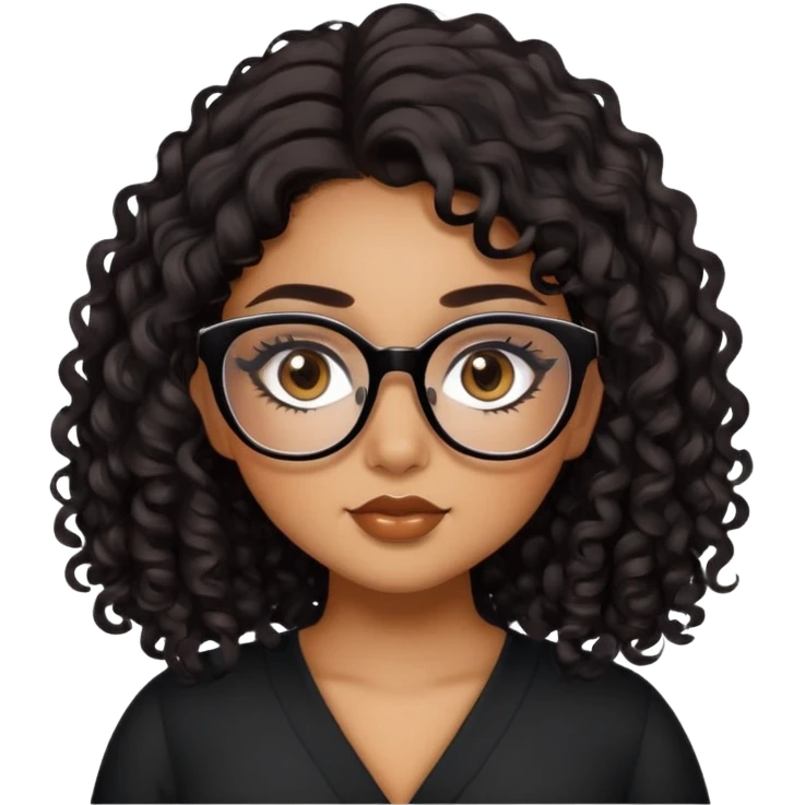 girl, caramel skin, pretty, eyeliner, eyelashes, plus size, brown eyes, black long curly hair, glasses emoji