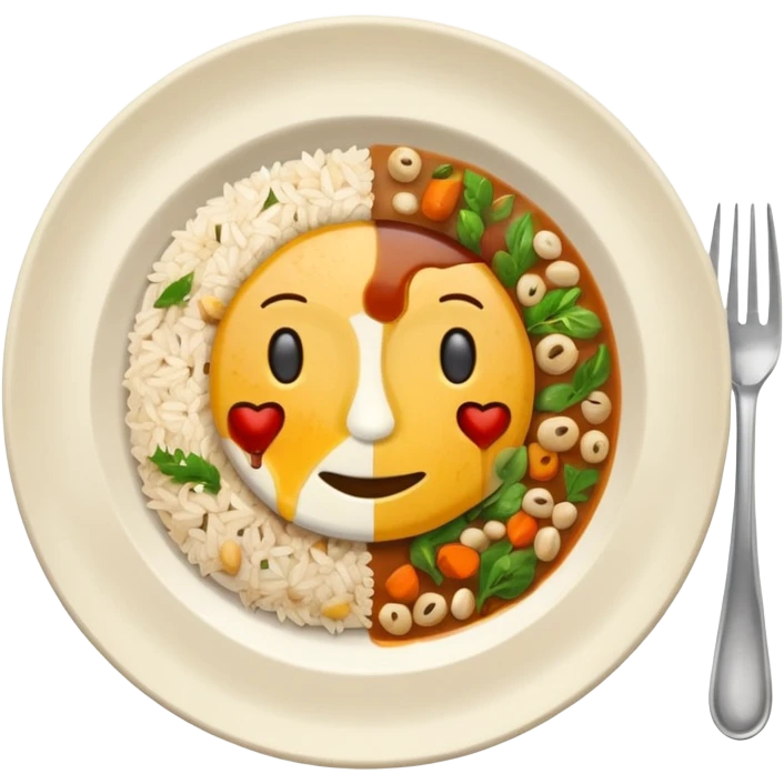  dirty plate after eating, leftover food scraps, vegetable pieces, rice grains, sauce stains on the plate, fork and spoon placed beside the platerealistic food leftovers, clean and simple background, soft lighting, high quality, emoji style emoji